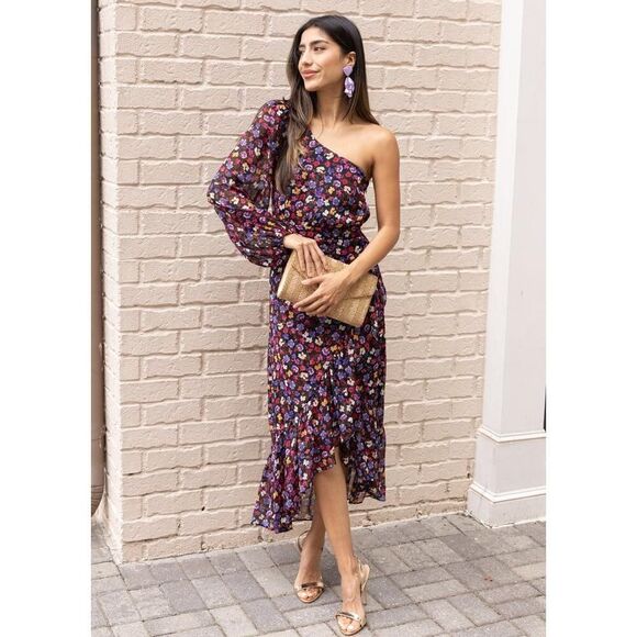 NWOT ASTR The Label Calista Floral Blue Red Ditsy One Shoulder Midi Dress L - Picture 2 of 13